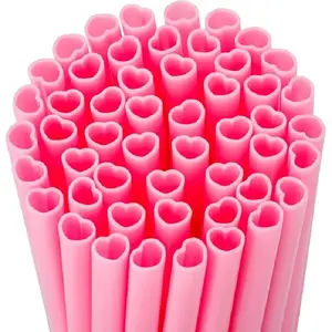 50 pcs Pink Heart Shaped Disposable Straws- Plastic Drinking Cute Straw for Valentines Day Cocktail Birthday Party Bridal Shower Wedding Supplies, Individually Wrapped, Pink