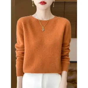 Women’s Autumn/Winter O-Neck Pullover, 100% Merino Wool Sweater, New Fashion Cashmere Top, Layering Long-Sleeve Knitwear