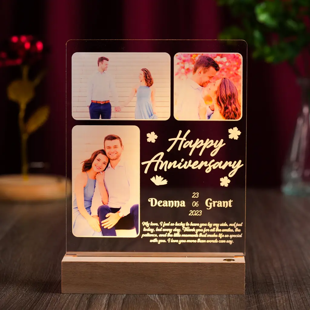 Personalized Acrylic LED Light Frame with Beechwood Base – Customizable for Home or Gift