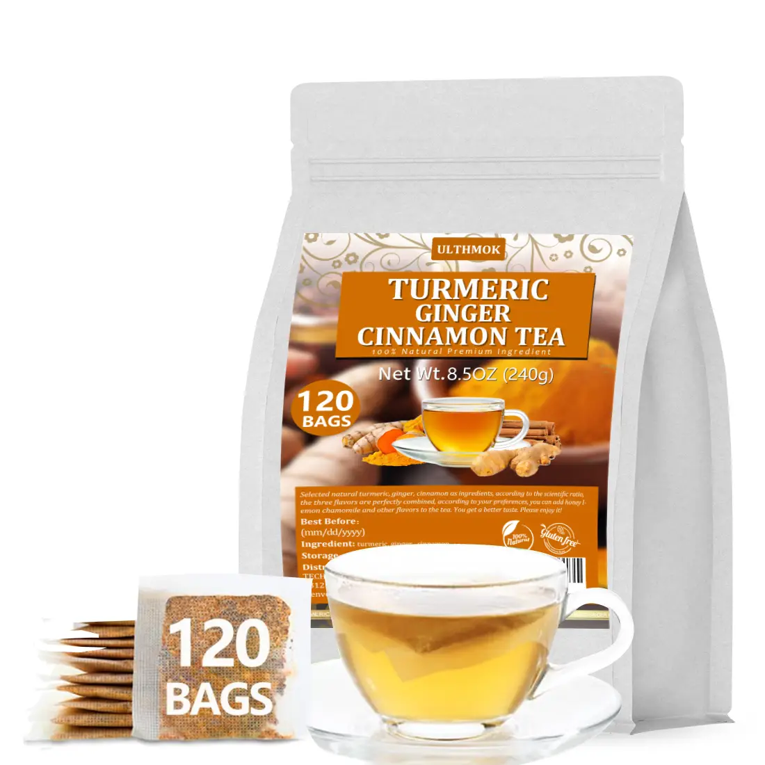 Turmeric Ginger Cinnamon Tea Bags 120 Natural Ingredients Tea Caffeine Free & No Additives Herbal Tea No Sugar Beverage Ginger Tea