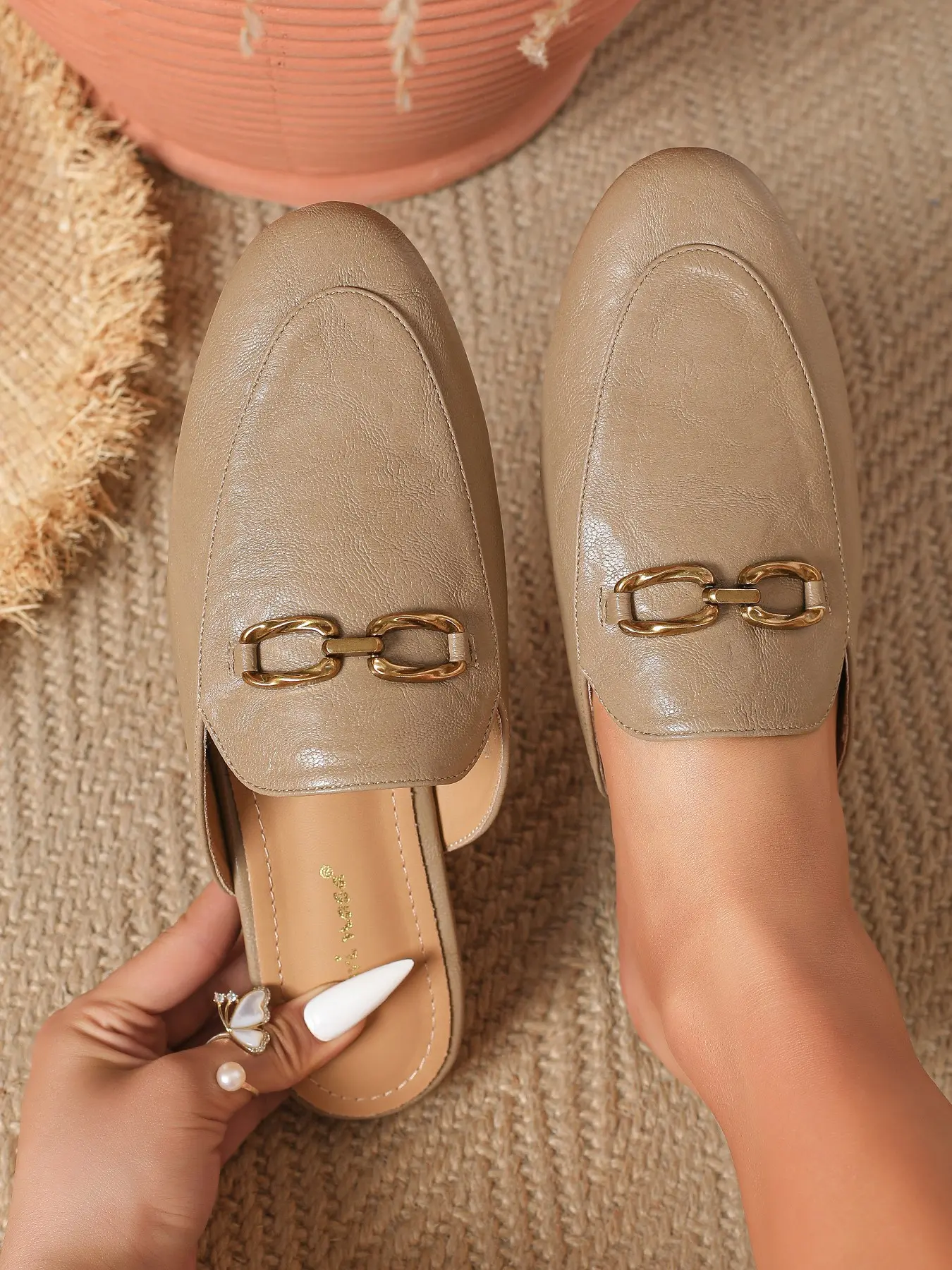 Luxury Style Buckle Toe Sandals, Flat Soft Leather Outdoor Half Slippers, Office Commute Loafers, Comfortable Slip-On Women's Shoes, Walking Shoes, Footwear