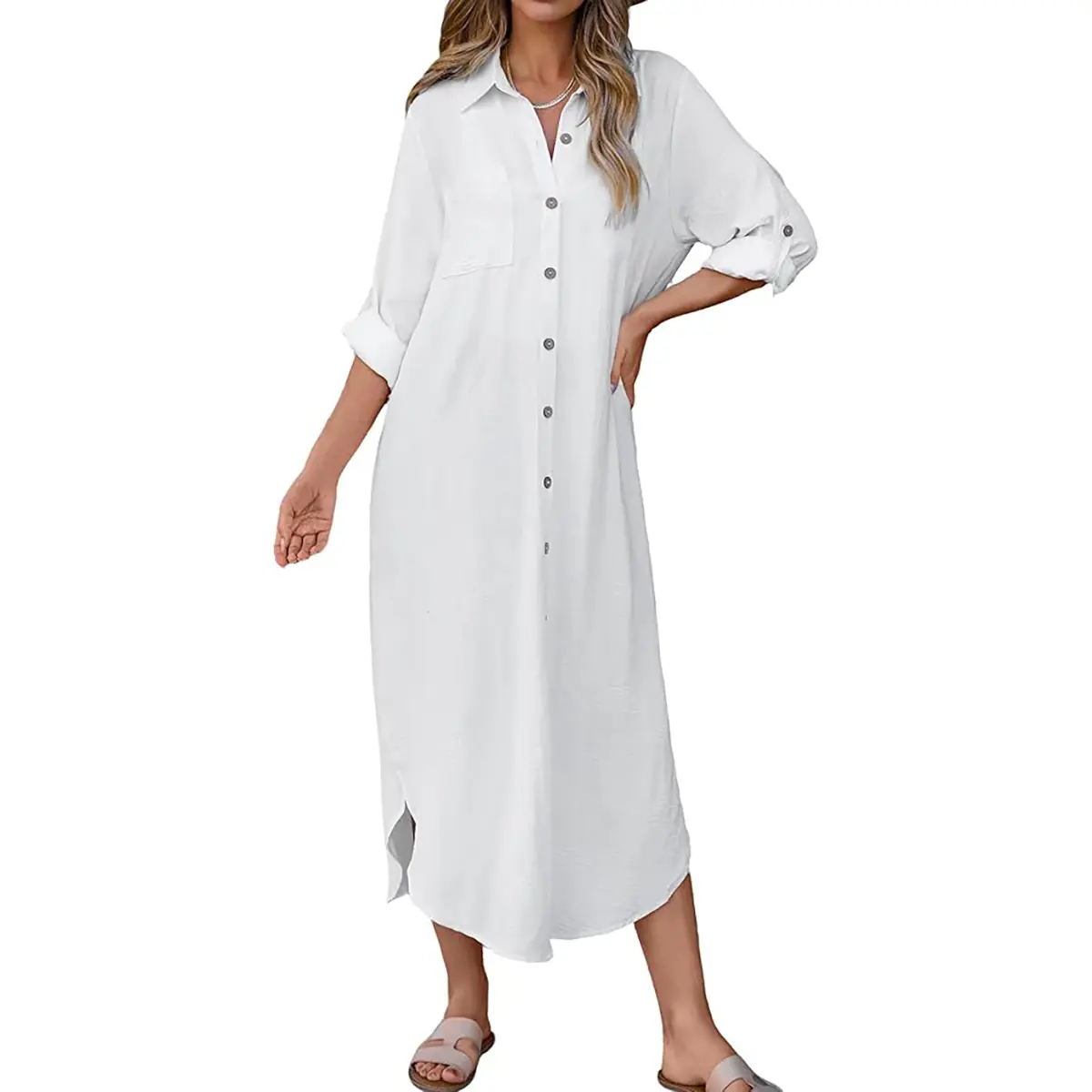 Bsubseach Women's Beach Button-Front Long Kimono Cardigan Dress Cover Up 2026 with Patch Pockets, Standard Sizes, Swimwear & Party Cover Ups