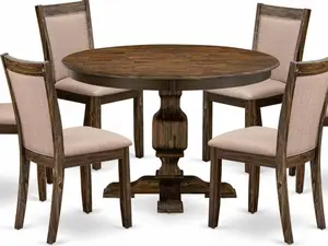 7 Piece Dining Set Consist of a Round Dining Room Table with Pedestal and 6 Dark Khaki Linen Fabric Upholstered Parson Chairs