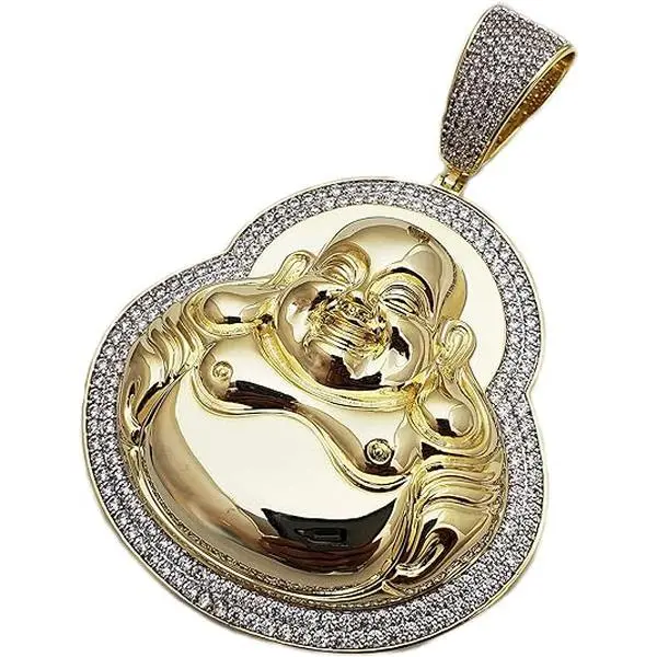 MaxBling81 Happy Buddha Pendant for Men, High Quality Gold-Plated Brass Hip Hop Style Necklace, Iced Gems Iced Simulated Diamonds, Large 55x60mm Casual Daily Costume Jewelry, High Quality Jewelry, Brass Base, Metal Coating, Brass Coated