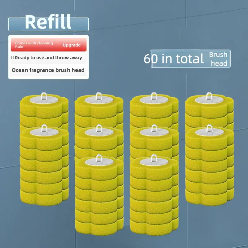 60pcs Toilet Brush Refill Heads - 3-Layer Sponge Household Cleaning Set, Disposable Ocean/Lemon Bowl Cleaner Refills for Compatible Wand, Quick Use & Toss Bathroom Supplies (Wand Not Included)