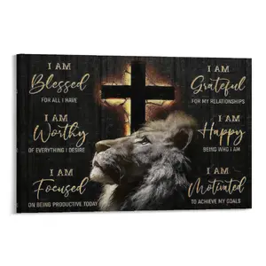1pc Wooden Framed Elegant Black Blessed Lion Canvas Print - Inspirational Religious Quote Wall Decoration with Powerful Spiritual Message - Modern Home Decor for Living Room or Office - Ready-to-Hang Perfect Gift for Him/Her