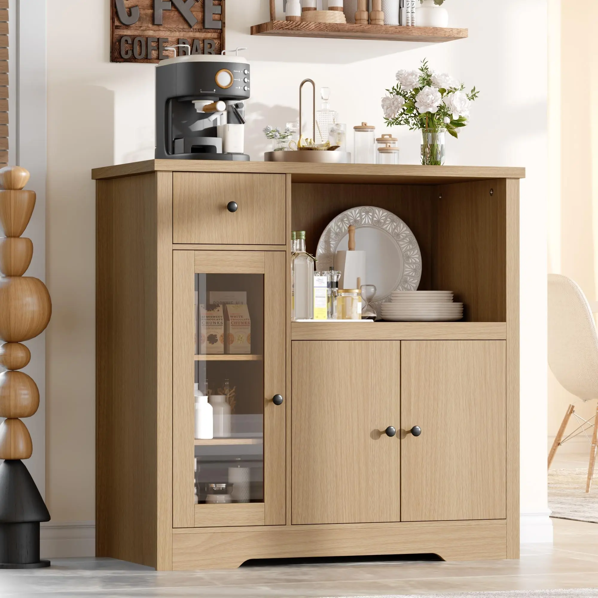 Natural Simple Kitchen Microwave Cabinet with Storage, Small Buffet Cabinet with Glass Door, Drawer and Adjustable Shelf for Small Spaces