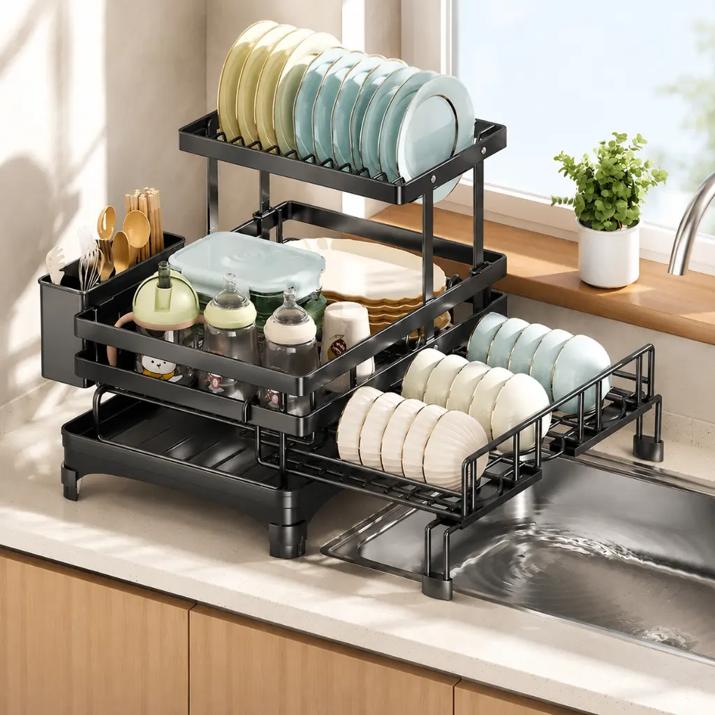 Home Supplies 2-Tier Expandable Over-Sink Dish Drying Rack - Carbon Steel Counter Space-Saver with Collapsible Storage, Drainboard, Reversible Pull-Out Adjustable Racks, 360° Drainage System, 40 cm Size, Easy Installation, Keeps Counters Clean