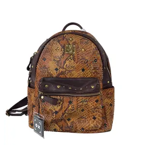 Pre-owned MCM canvas Backpacks Stark Medium Studded Python Print Backpack (Cognac Visetos)+Bag charm+++