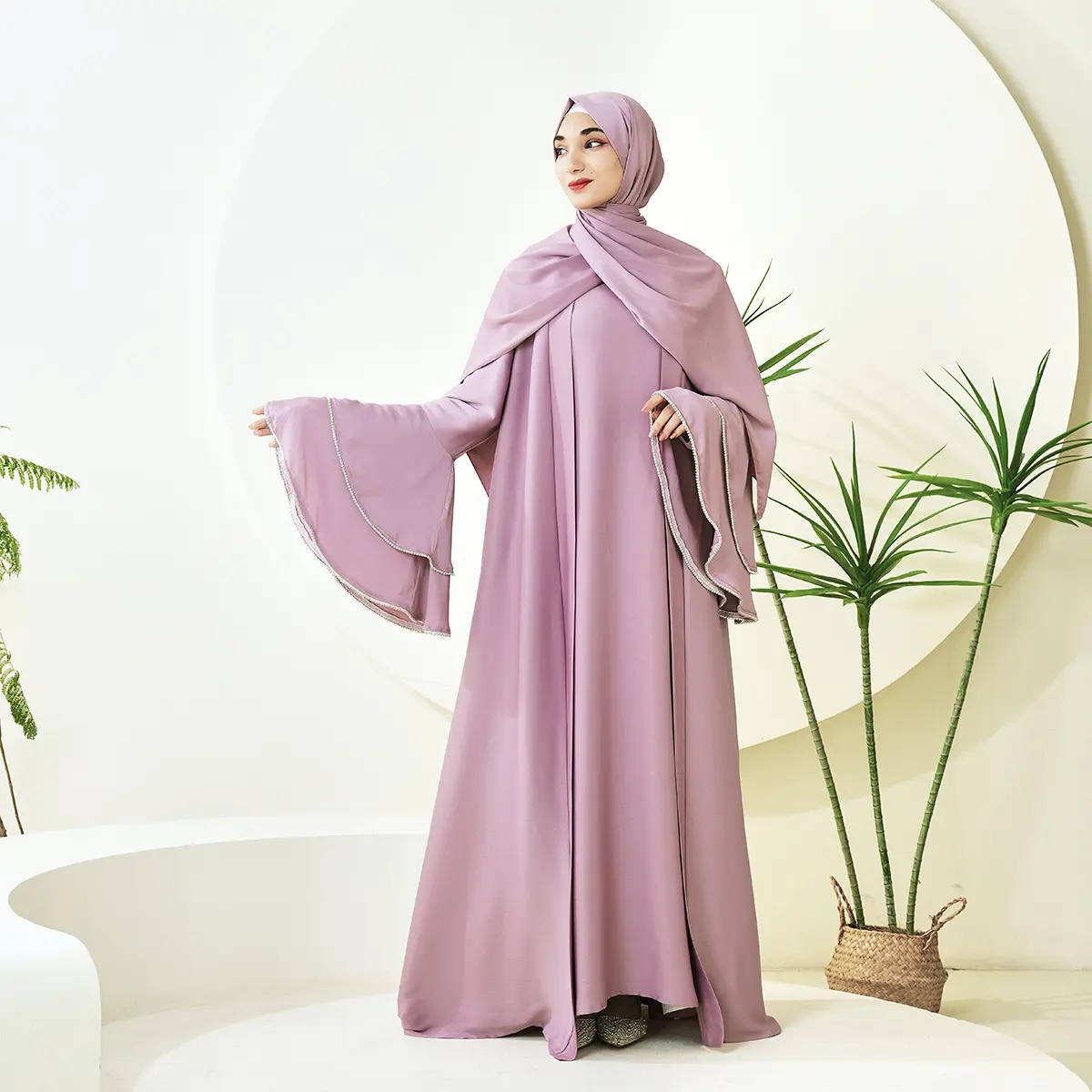 Women's Muslim Modest Hijabi Fashion Crepe Satin Ruffle Long Sleeve Abaya 5-Piece Set - Wedding Wear (NCS003)
