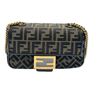 Pre-owned FENDI fabric Shoulder Bags BROWN FF JACQUARD BAGUETTE BAG MINI