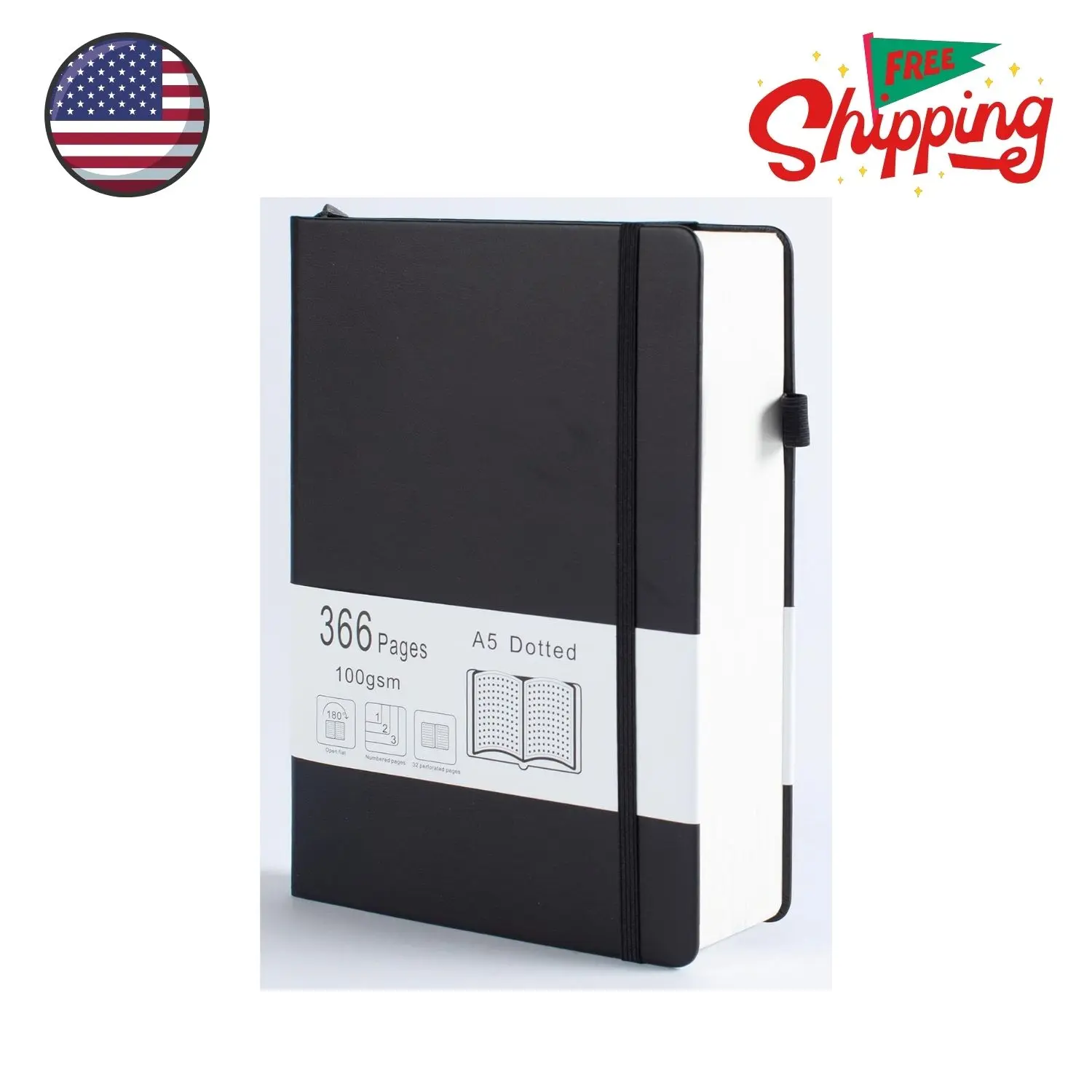 Thick Bullet Notebook with 366 Numbered Pages, A5 Dotted Journal for Writing with 100GSM Dot Grid Paper 5.7"x8.3" Black