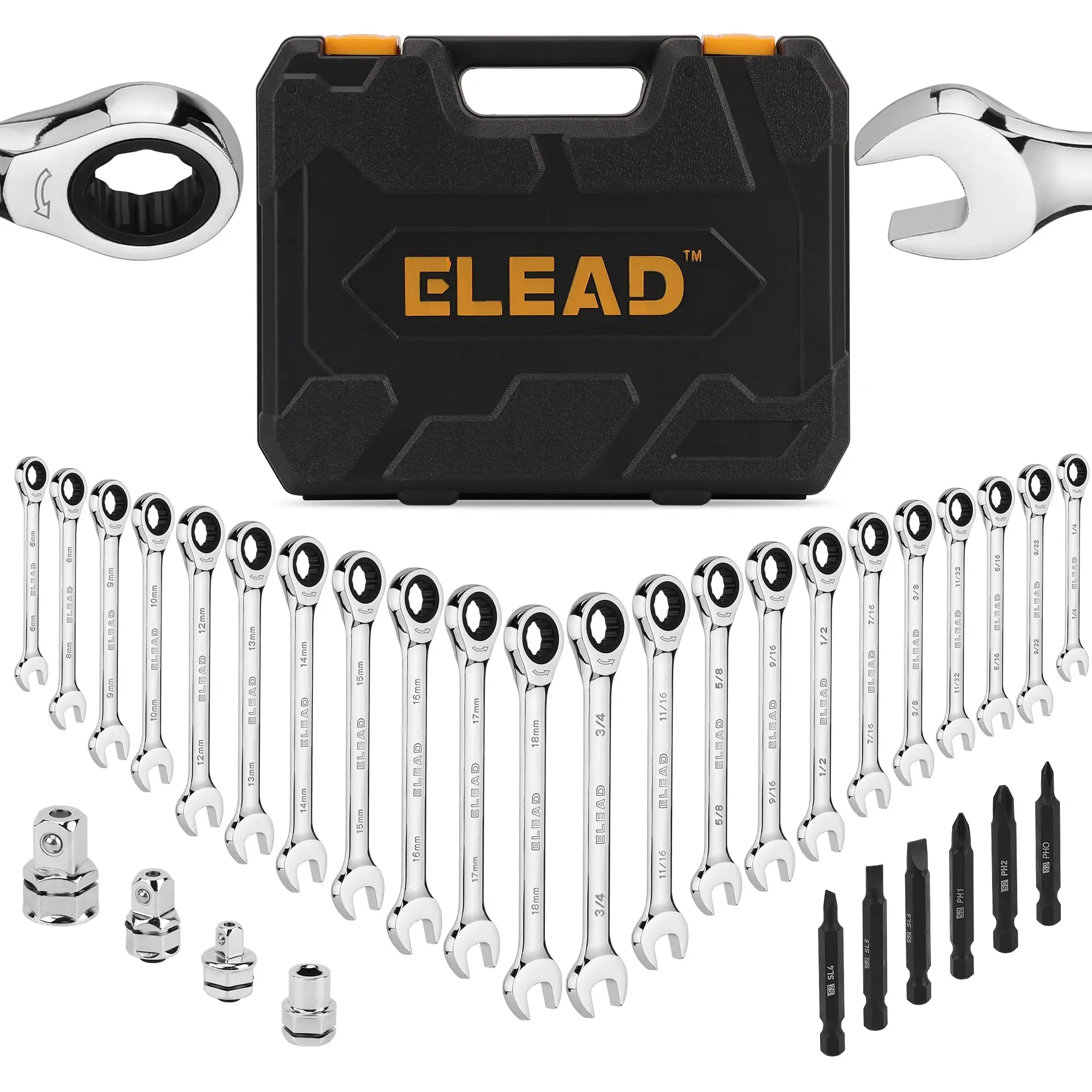ELEAD 33-Piece Combination Ratchet Wrench Set | CR-V Steel | SAE & Metric Sizes | 72-Tooth Gear Design | Organizer Carry Case | Ideal for Mechanics & DIY ratchet