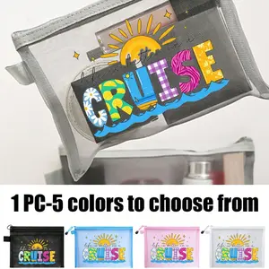 Cruise Letter Pattern Mesh Makeup Bag with Coconut Tree, Sun, Beach & Daisy Design, Air Cushion Travel Essential for Women, Perfect Gift for Bride & Holiday Makeup Storage, Travel Cosmetic Bags