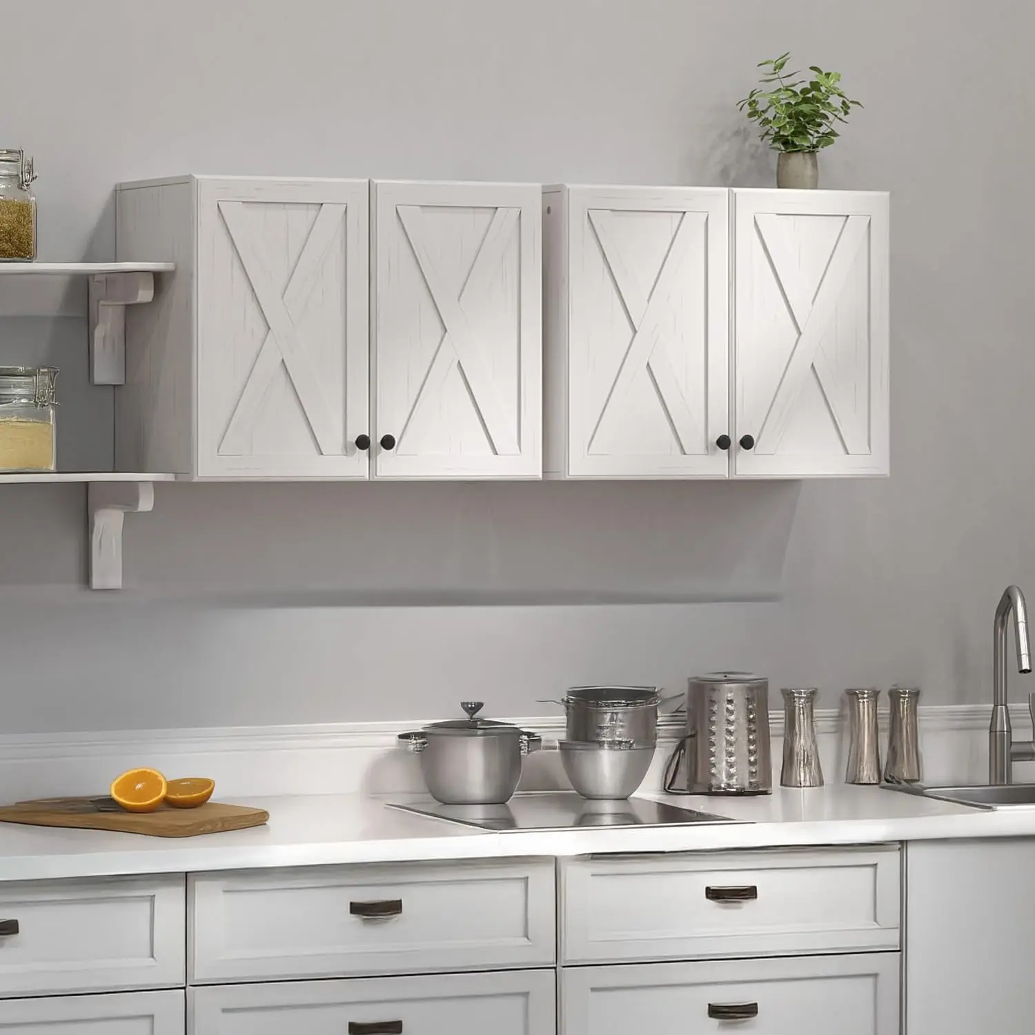 SummerVibes Farmhouse White Wall Cabinet 2-Piece Set, Wall-Mount Storage Organizer with 2 Doors, Shelf, X-Line Panels & Solid MDF, Easy Simple Setup for Kitchen & Laundry Room Use