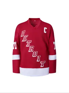 Men's Ice Hockey Jersey 71 red Embroidered Casual Training Tee, Sporty V Neck Long Sleeve Loose Fit, All Seasons Kint Fabric, Athletic Sports Clothing