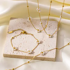 Spring Handmade Beaded Chain Flower Pearl Necklace Jewelry