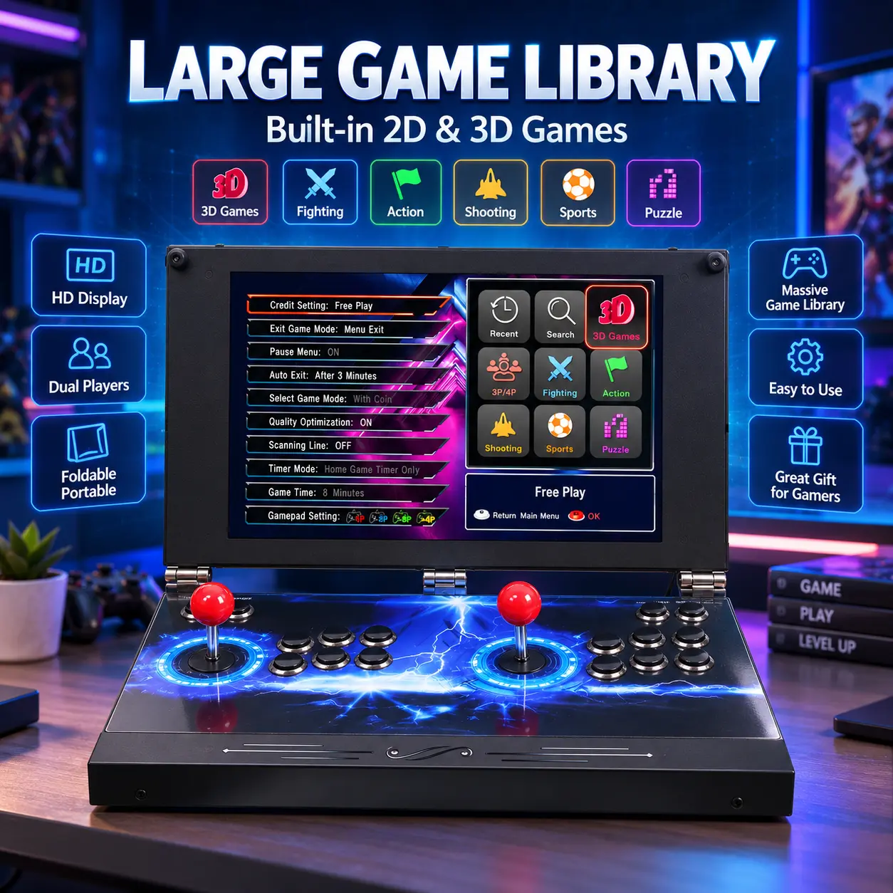 Portable 17.5 Inch Foldable Arcade Game Console, Dual Player Retro Gaming Machine with HD Screen & Rechargeable Battery, Gaming Stuff for Room