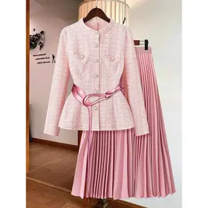 Two-piece Set Women's Solid Color Blazer & A-line Skirt, Elegant Fashion Casual Button Front Outerwear & Long Skirt for Daily Outdoor Wear, Ladies Clothes for All Seasons, Long Sleeve Womenswear, Fall outfit
