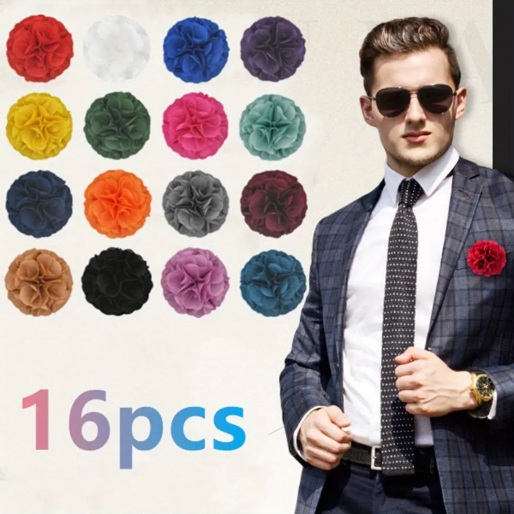 16 Pcs Lapel Flowers for Men Suits Flower Lapel Pins for Men Brooch Pins Handmade Satin Boutonniere
