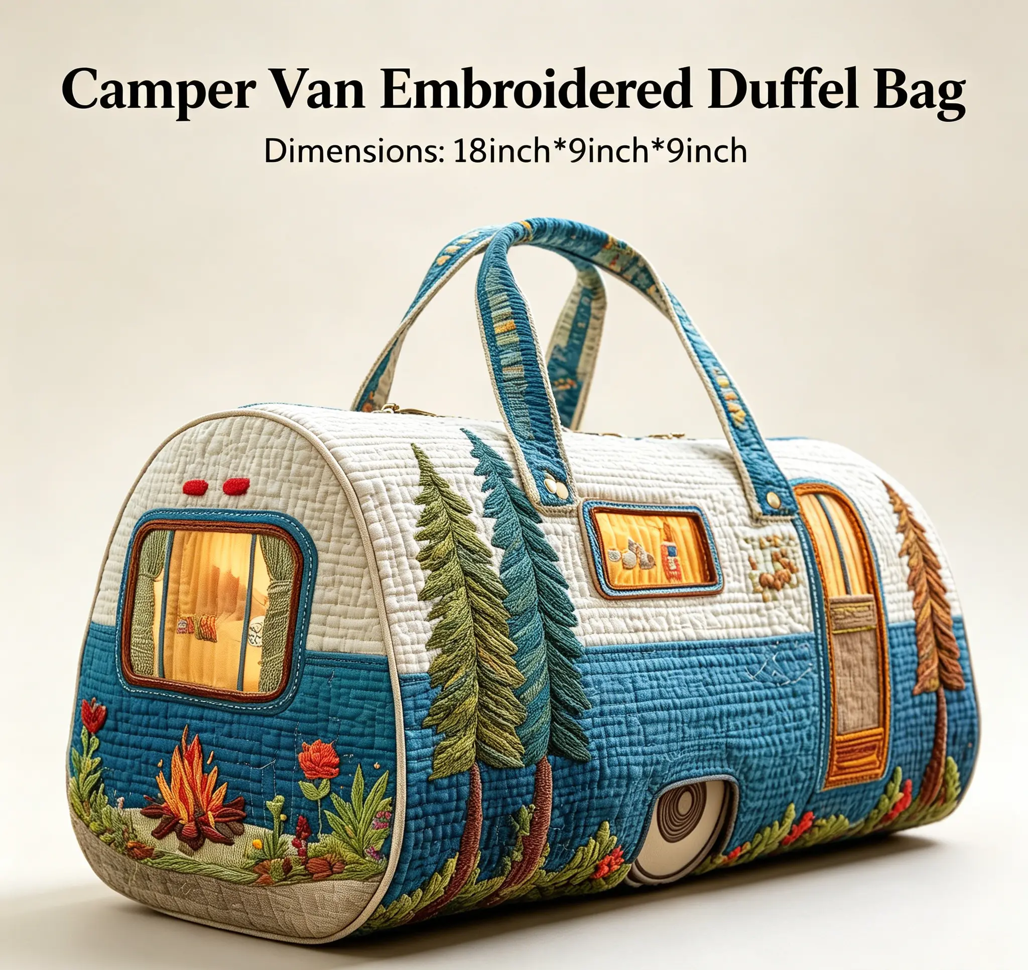 Cottagecore Camper Quilted Duffle Bag | 18" Spacious Retro Weekender for Summer Adventures & OOTD Vintage Forest Camper Embroidery Duffle Bag Boho Quilted Travel Bag for Summer & Everyday Use