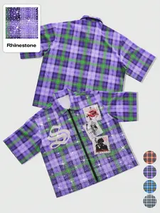 Unisex Menswear Loose Rhinestone Plaid Gothic Print Zipper Short Sleeve Shirt, Y2K Punk Streetwear Fashion Blazer, Vintage Patchwork Casual Top, Party/ Night Out Wear (4 Colors), Aesthetic