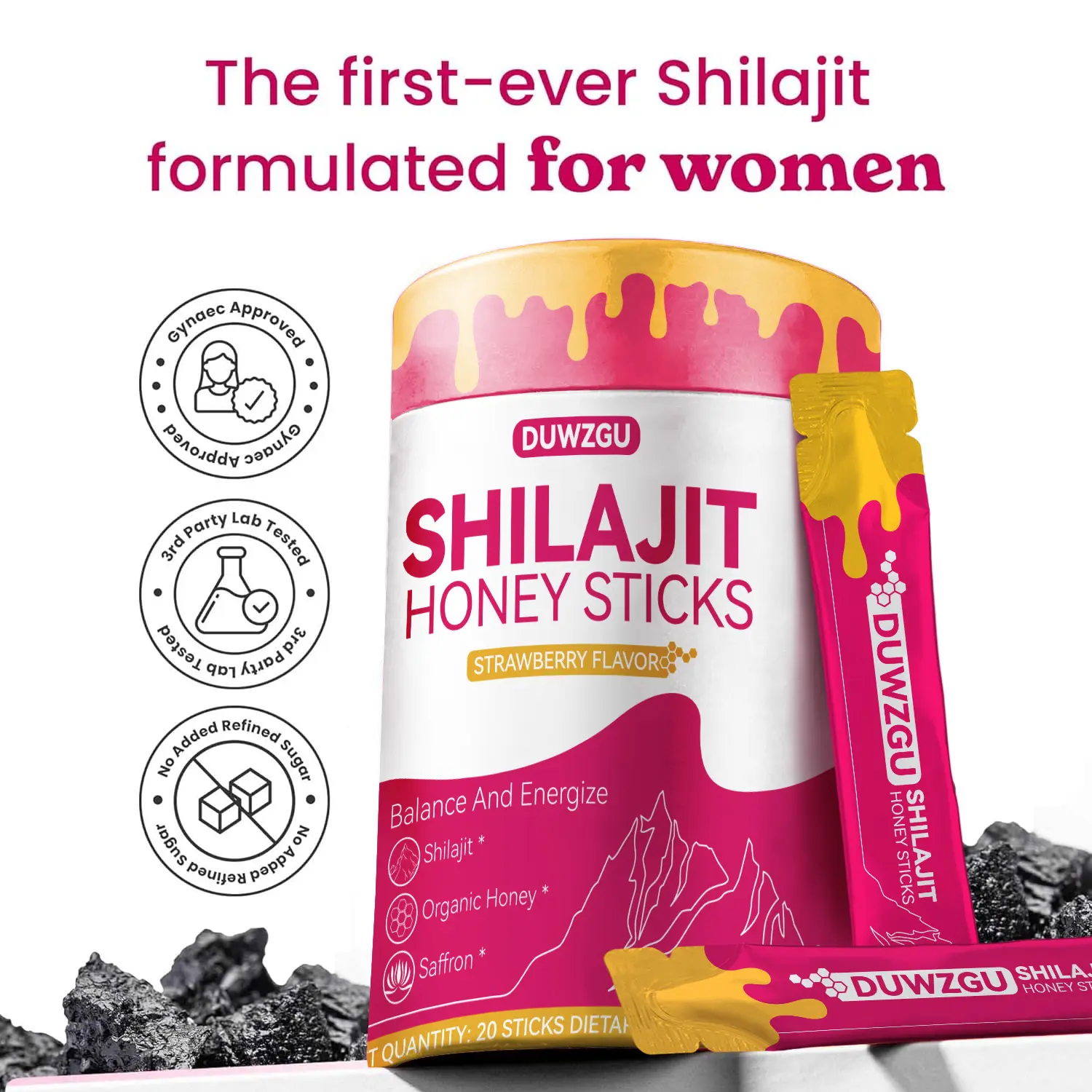 Shilajit Shatavari Saffron Feminine Honey Sticks | Hormonal Balance & Energy  | Strawberry Flavor| Multi-Mineral Dietary Supplement