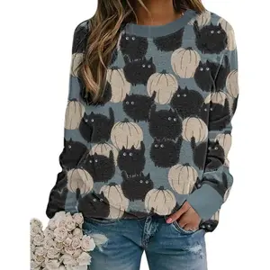 Women Comfort Hoodies - Halloween Sweatshirt with Cats Graphic Print, Long Sleeve Loose Crewneck Pullover Top Womenswear Printed