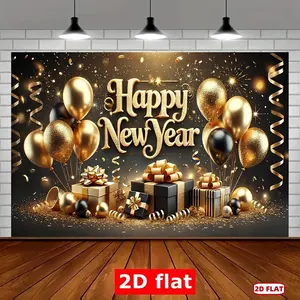 2D Flat 1pc New Year Party Banner 243.84X182.88cm Polyester Backdrop for Holiday Yard Studio Home Garden Sequins Decoration with Festive Happy New Year Theme