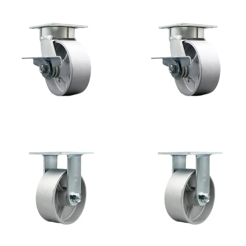 Service Caster SCC-KP30S520-SSBZ-SLB-2-R-2 Heavy Duty Kingpinless Caster Set of 4 - 2 Swivel with Side Lock Brake, 2 Rigid, 5" Cast Iron Semi Steel Wheels, Bronze Bearings, Machined Hub, 4000 lbs Capacity, for Dollies, Drywall Carts, Freight Terminals, 5"