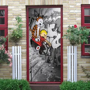 2pcs Vintage Cartoon Graffiti Wall Stickers for Kids Room Bedroom Creative Boy Room Wall Decals Removable Self Adhesive Eco Friendly PVC Material Anime Tiger and Boy Scooter Pattern Home Wall Art Dec