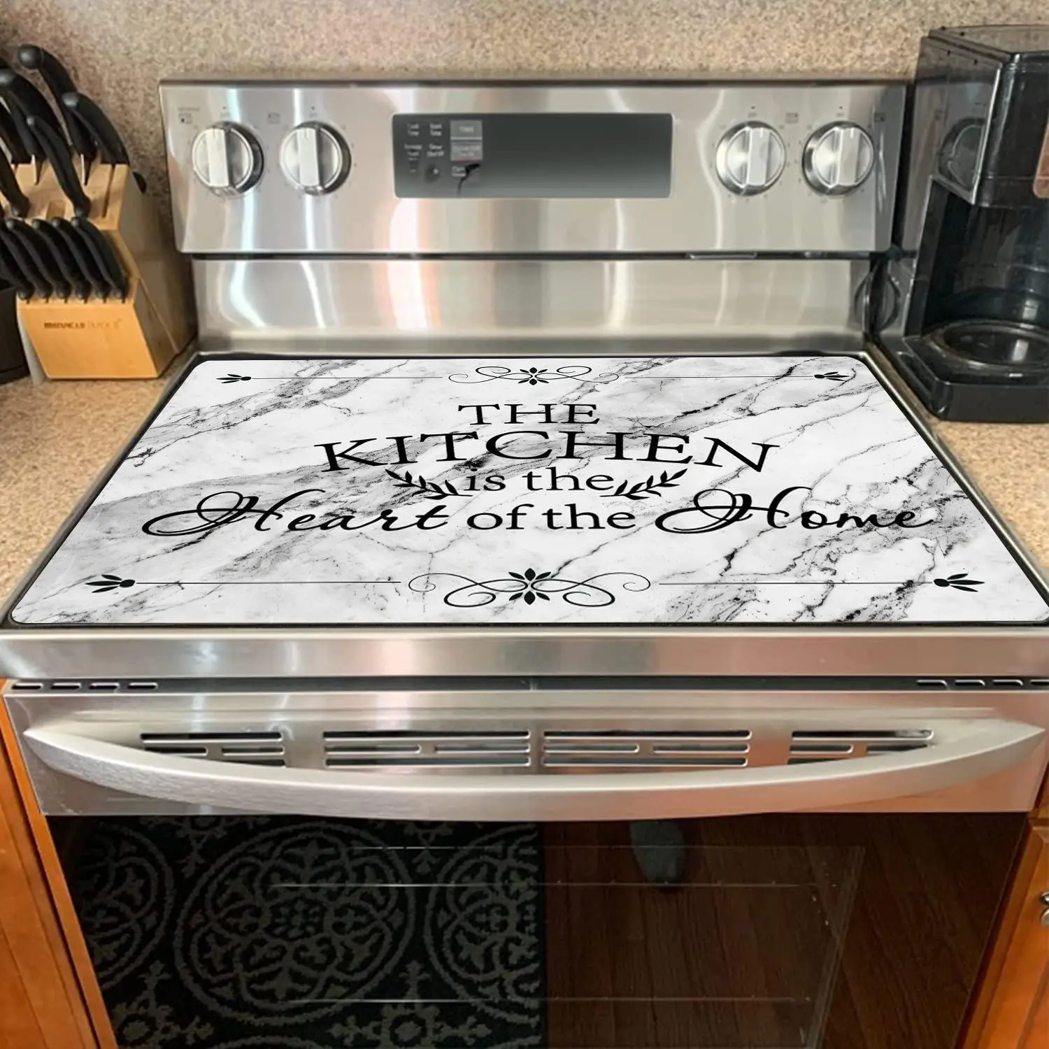 Modern Kitchen Stove Top Rubber Mat, 1 Waterproof Heat-Resistant Kitchen Stove Top Mat with 2 Hooks, Kitchen Decorative Placemat for Home Restaurant BBQ Office, Tableware, Kitchenware