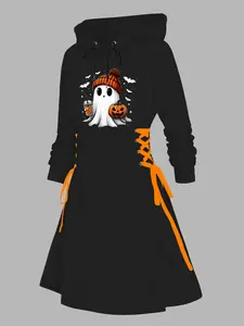 DRESSLILY 2025 Women's Gothic Hoodie Dress Ghost Pumpkin Print Lace Up Drawstrings Mini Dress Long Sleeve Fall Winter Dress