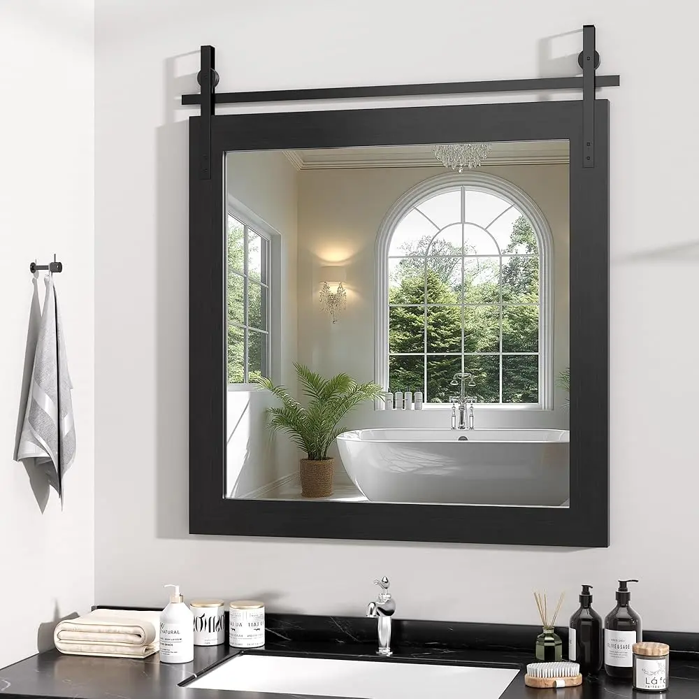 Hasipu Rustic Engineered Wood-Framed Rectangle Bathroom Mirror - Wall-Mount Vintage Vanity Decor, Unique Wood Grain, Black Metal Brackets, High Def Distortion-Free Reflection, Scratch Resistant Bathroom Fixtures (18x26,22x30,24x36,40x26in) for Bedroom