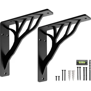 Rustic Tree Black Heavy Duty Shelf Brackets 8 inch by , Decorative L Brackets for Shelves, Metal Fireplace Mantel Large Shelf Bracket, Shelving Bracket, Included Hardware, Set of 2