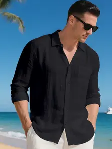 Men's casual linen long-sleeved shirt with classic button design. A regular fit and lightweight top, suitable for tropical beach, summer and wedding occasions; an ideal gift for oneself, partner, father, husband or friend.