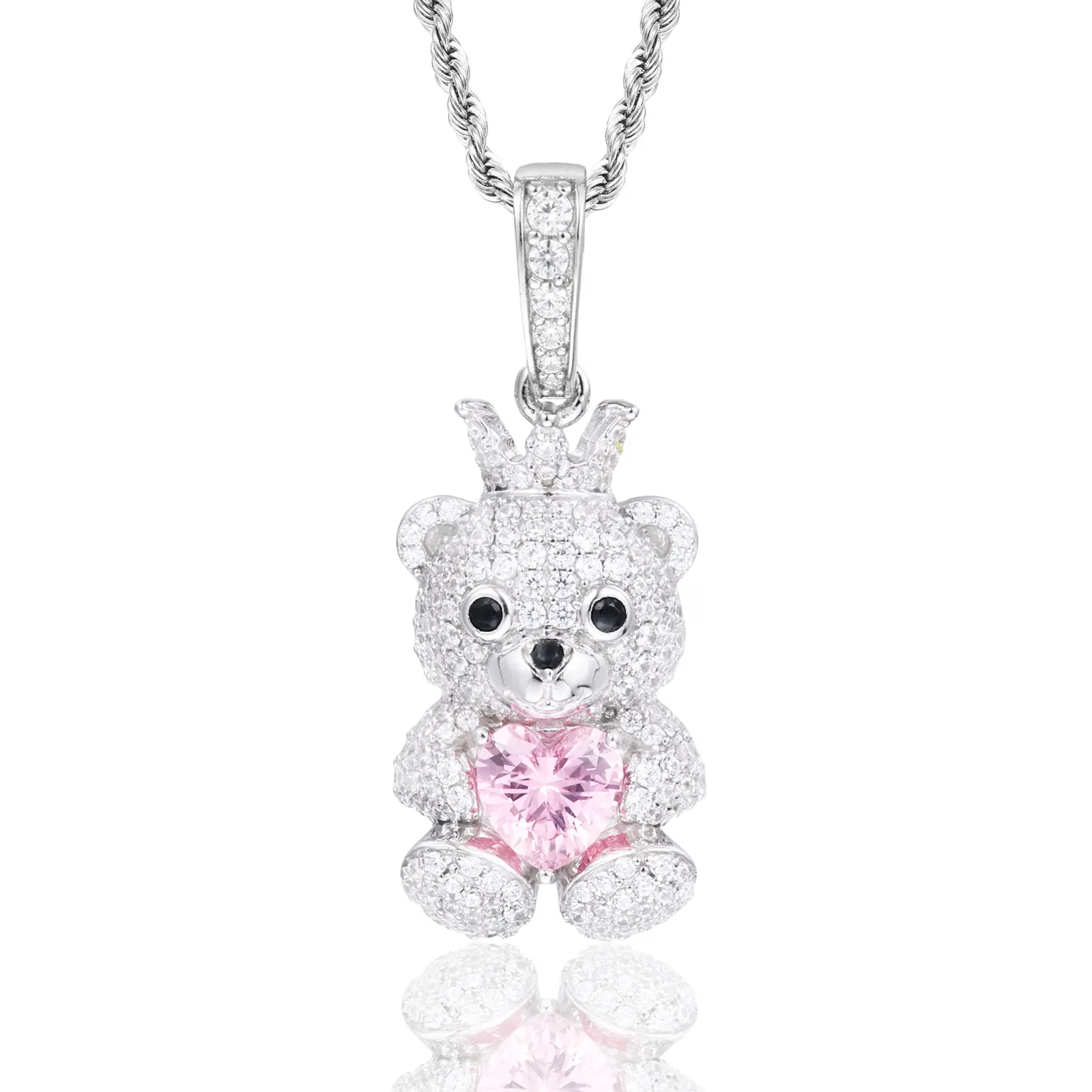 UCCIYO Crown Bear Pendant P893 with Iced Out Pink Heart UCCIYO Lab-Created Moissanite S925 Sterling Silver Moissanite Pendant Necklace For Women Men Hip Hop Jewelry Gift Mother's Day【#P893】