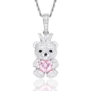 【#P893】Iced Out Crown Bear Pendant with Pink Heart UCCIYO Lab-Created Moissanite S925 Sterling Silver Moissanite Pendant Necklace For Women Men Hip Hop Jewelry Gift Mother's Day