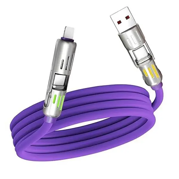 5FT Purple 4-in-1 Multi Charging Cable - USB A, USB C, Lightning Connectors, Breathing Lights, Fast Charger for Cellphone, iPhone, Samsung Electronic Devices