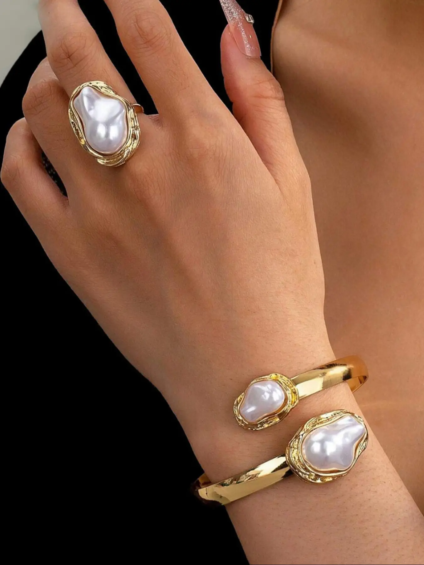 Elegant Pearl Jewelry Set, Vintage Luxury Fashion Bracelet Ring Pair, Perfect Gift for Friends, Daily Wear & Parties