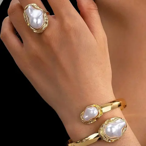 Elegant Pearl Jewelry Set, Vintage Luxury Fashion Bracelet Ring Pair, Perfect Gift for Friends, Daily Wear & Parties