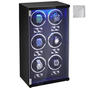 【fathersdaygift】VEVOR Watch Winder, Watch Winder for 6 Men's and Women's Automatic Watches, with 6 Super Quiet Japanese Mabuchi Motors, Blue LED Light and Adapter, High-Density Board Shell and Black PU