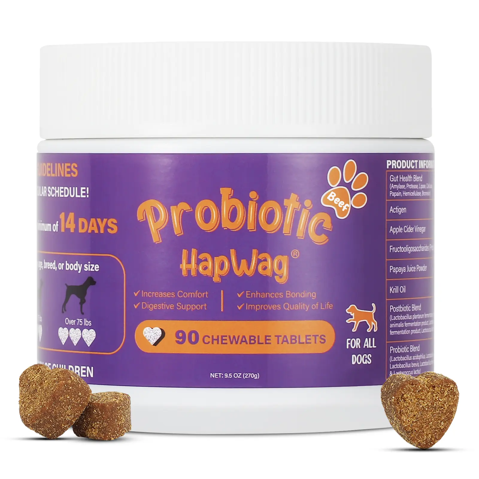 HAPWAG Beef Flavor Chewable Dog Probiotics - 90 Count Canine Nutritional Supplement, Gut Health Support, Digestive & Immune Enhancement, Premium Ingredients