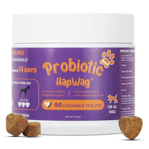HAPWAG Beef Flavor Chewable Dog Probiotic Blend - 90 Chewables, 24 Months Shelf Life, Daily Canine Wellness Supplement, Gut Health Aid, Immune Booster, Premium Ingredients
