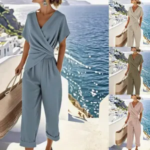 Summer 2 Piece Set for Women, V Neck Top with Wide Leg Pants, Cinched Waist High Waist Pantsuit, Solid Color Casual Outfit for Office Daily Wear