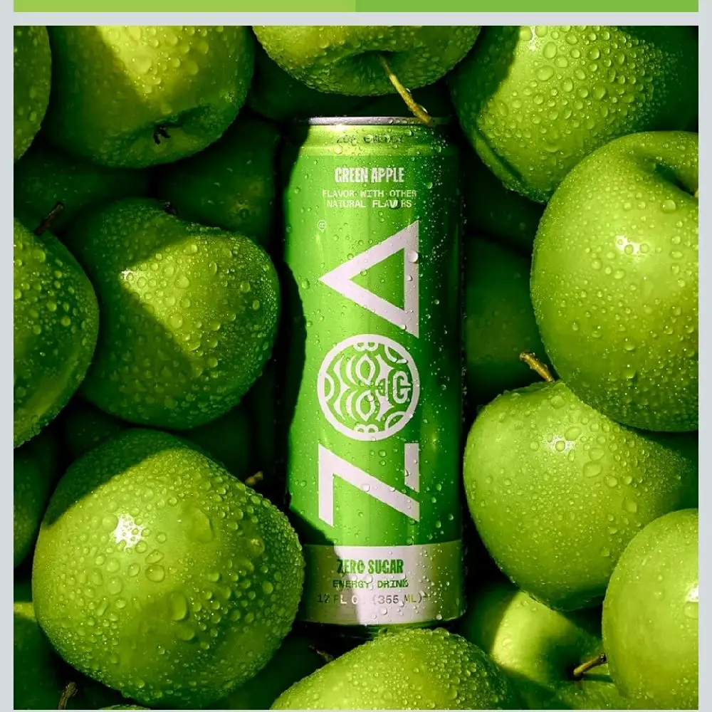 ZOA 0 Sugar Green Apple Energy Drink, 12-Pack 12 Fl Oz Cans, Infused with B & C Vitamins, Electrolytes, Amino Acids, Camu Camu