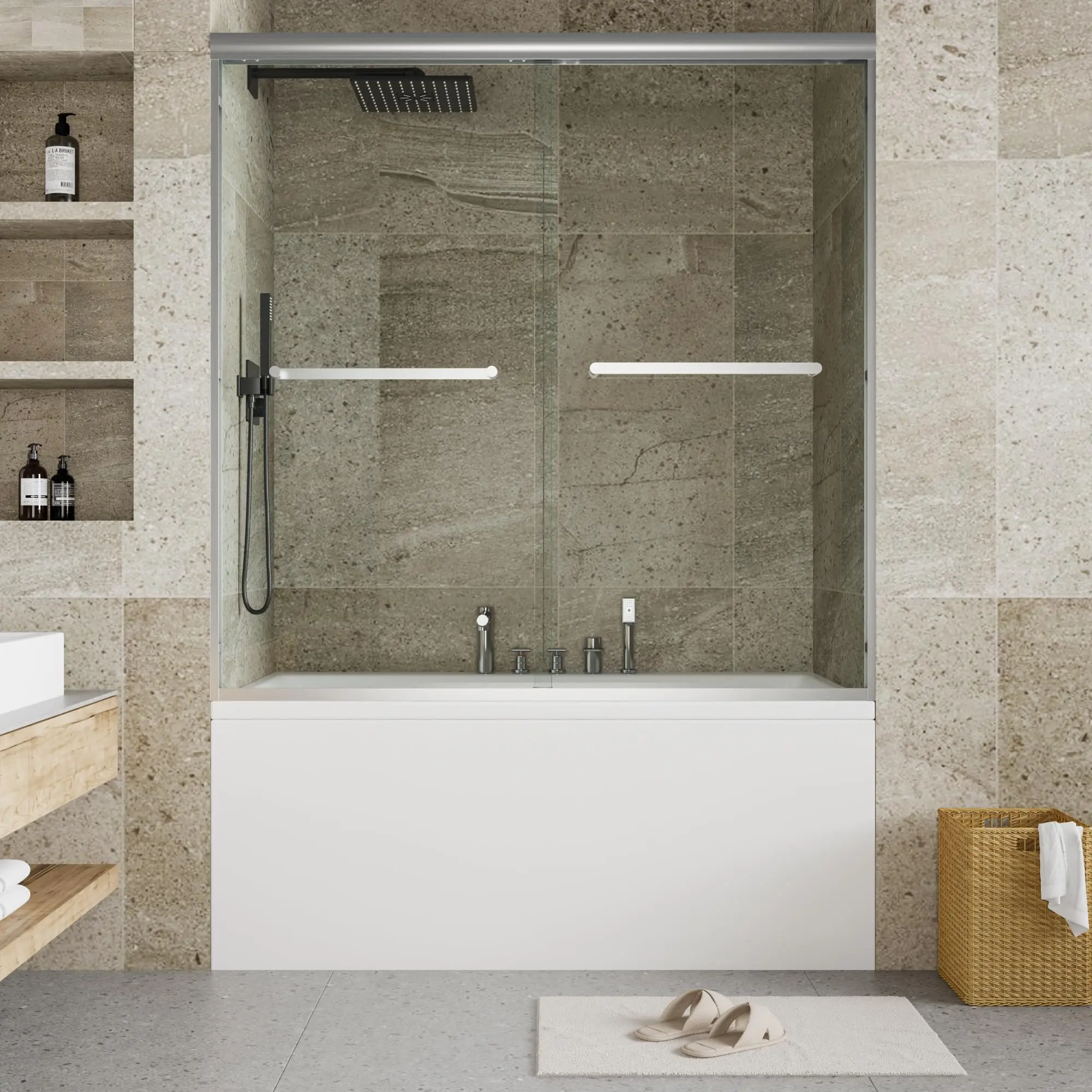 55-59 in W x 60 in H Semi Frame Double Sliding Shower Door, 1/4 in(6mm) SGCC Tempered Glass with Explosion-Proof Film, Brushed Nickel Finish, Easy Installation Tub Shower Door
