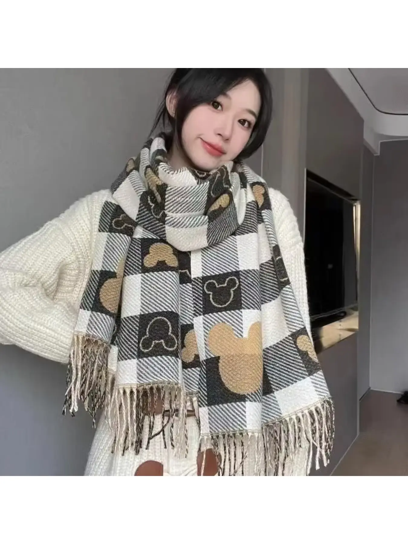 Double-sided knitted scarf for women, trendy bear design with heart pattern, winter Korean-style large shawl, versatile and warm thick cozy neck wrap.