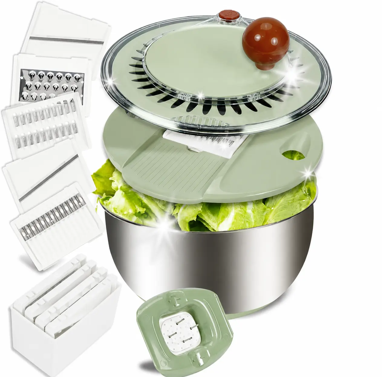 Salad Spinner Large Stainless Steel With Stop Button & Drain Hole, Non-Slip Base, 3 IN 1 Vegetable and Fruit Washing Bowl with Strainer, Lettuce Spinner with 5 Blades Slicer, Salad Bowl, Egg Yolk Strainer, 5.3 Qt Kitchen Gadgets