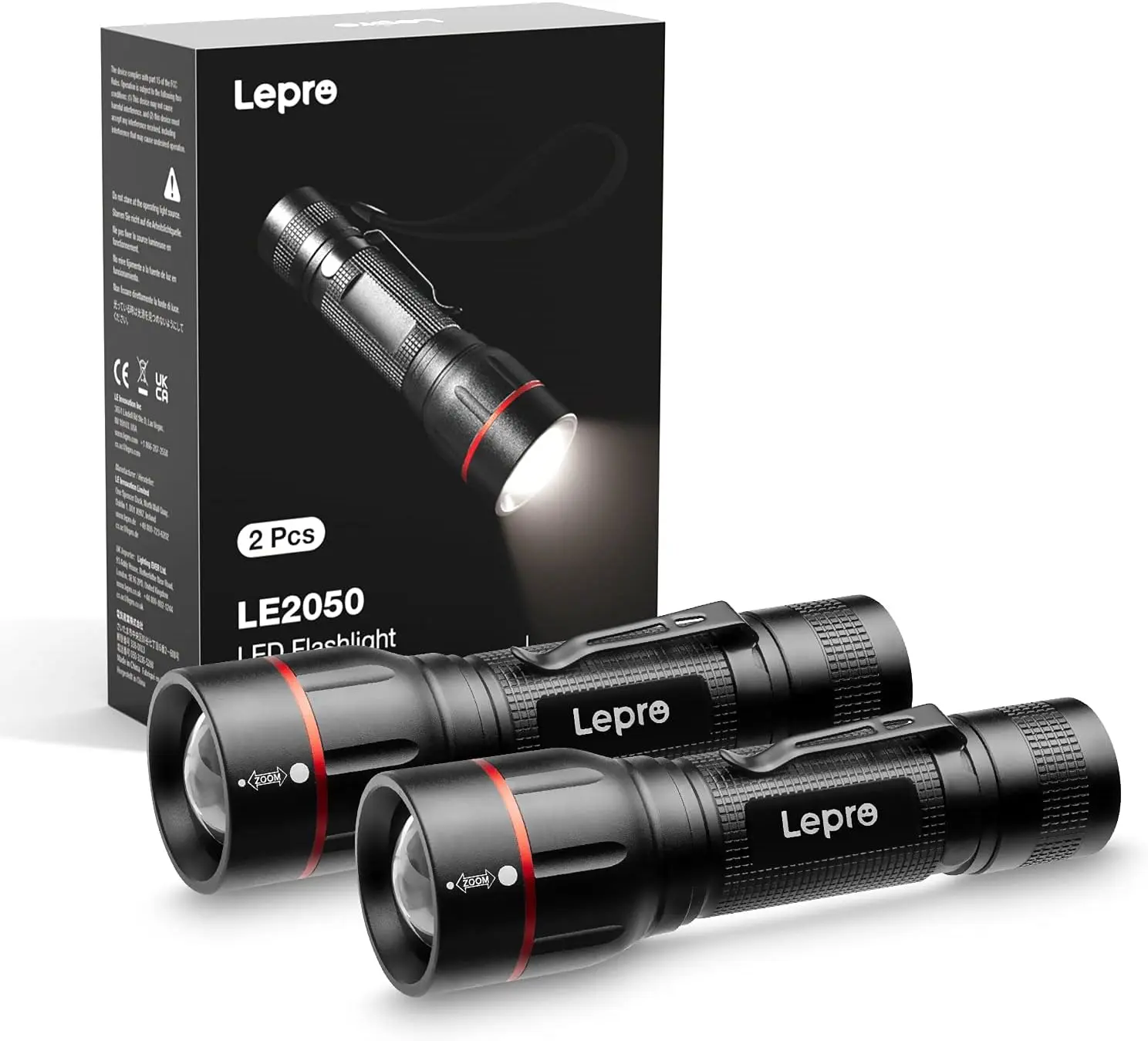 LEPRO LE2050 High-Lumen EDC Flashlight Torches (2-Pack), Aluminum Body LED Lights with Adjustable Wide-to-Far Zoom Focus, Compact Clip-On, 5 Modes, Waterproof, Lightweight, AAA/18650 Battery-Powered, Non-Rechargeable for Outdoor Camping, Garage EDC